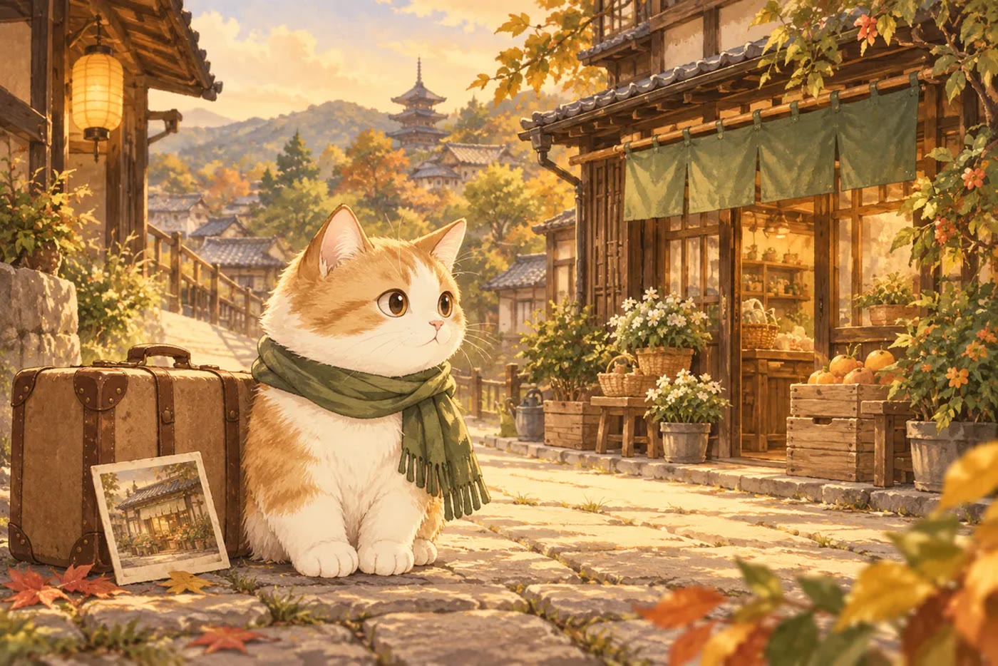 提灯の灯る町並みにいる猫