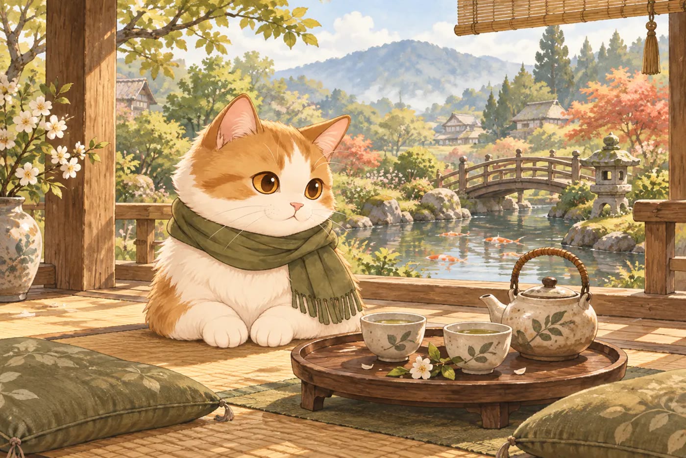 庭園の見える縁側でお茶をする猫