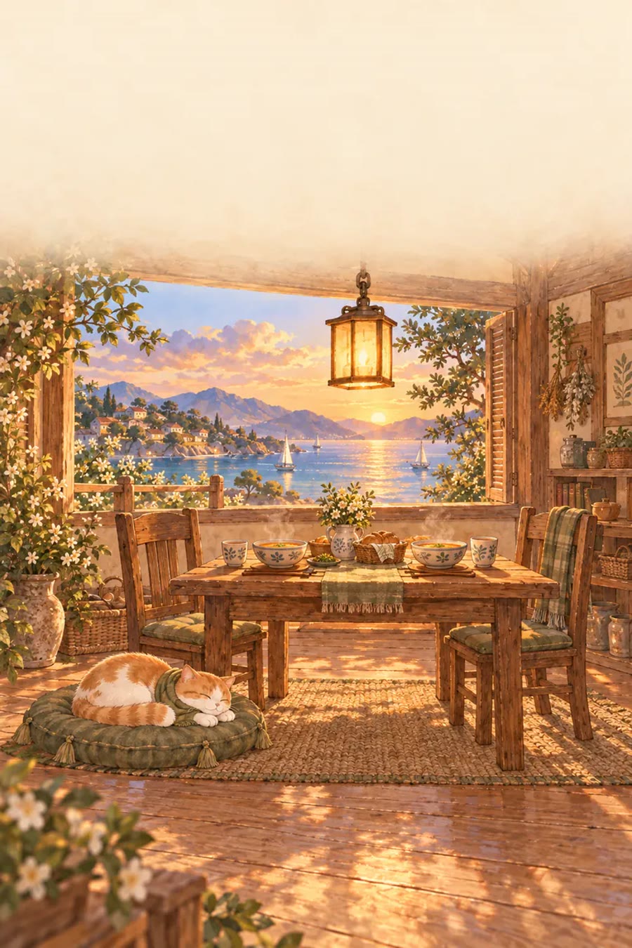 夕暮れの部屋でくつろぐ猫