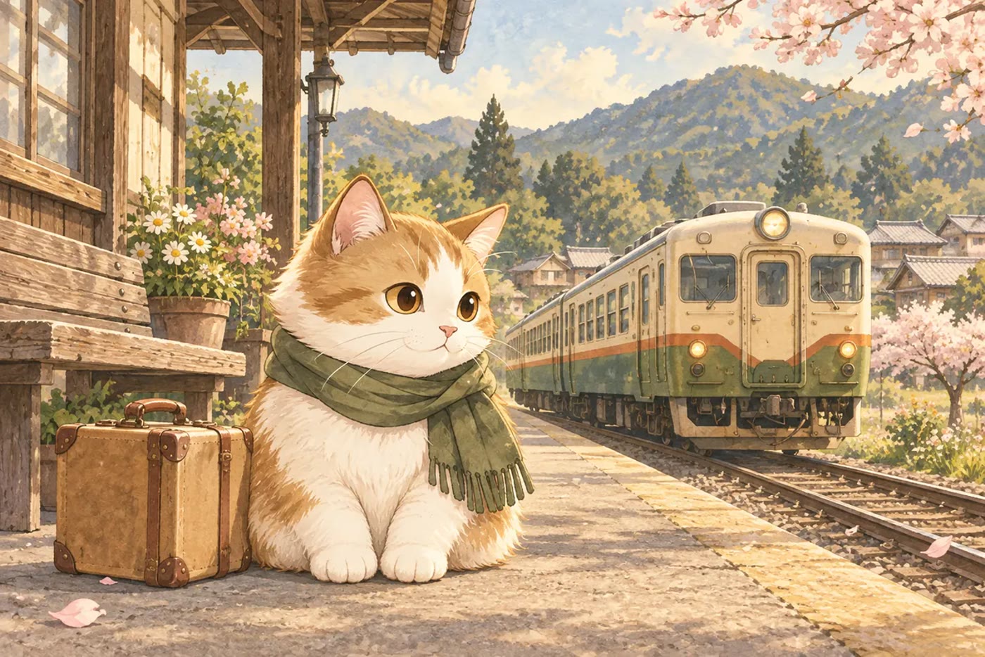 駅のホームで電車を待つ、マフラーを巻いた猫